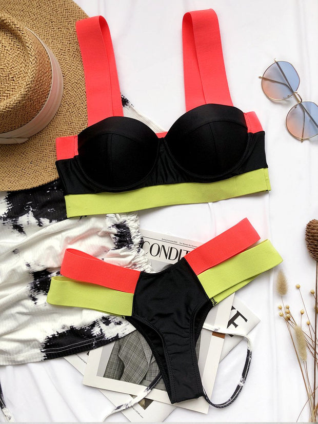 On-Trendy Color Block High Waist Bikini Set