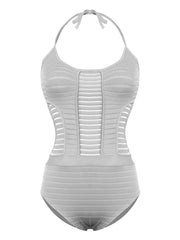 Stripe Mesh Panel Halter Straps One Piece Swinsuit