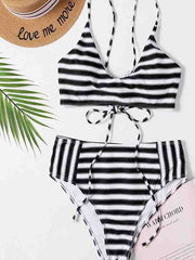 Spaghetti Strap Black Striped Two pieces Swimsuit