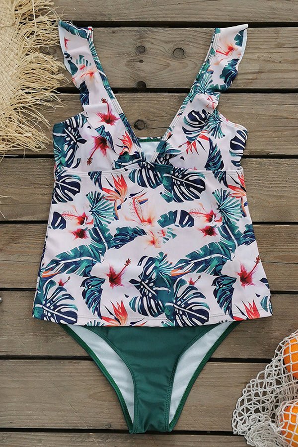 Printed High Waist Ruffle Tankini