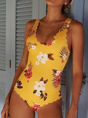 Flounce Design Floral Print Yellow One-piece Swimsuit