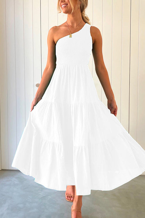 One Shoulder Sleeveless Smocked Ruffle Tiered Maxi Dress