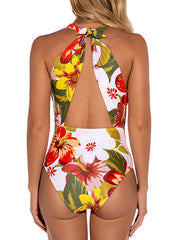 Floral Printed Tie Back Cutout Deep V One Piece Swimsuit