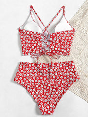 Floral Print Red Two Pieces Swimsuit