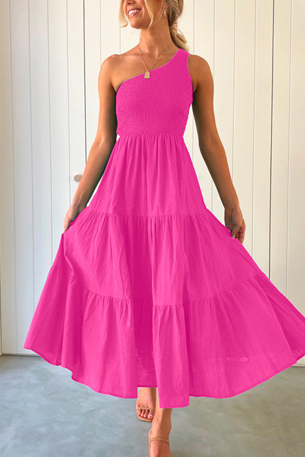 One Shoulder Sleeveless Smocked Ruffle Tiered Maxi Dress